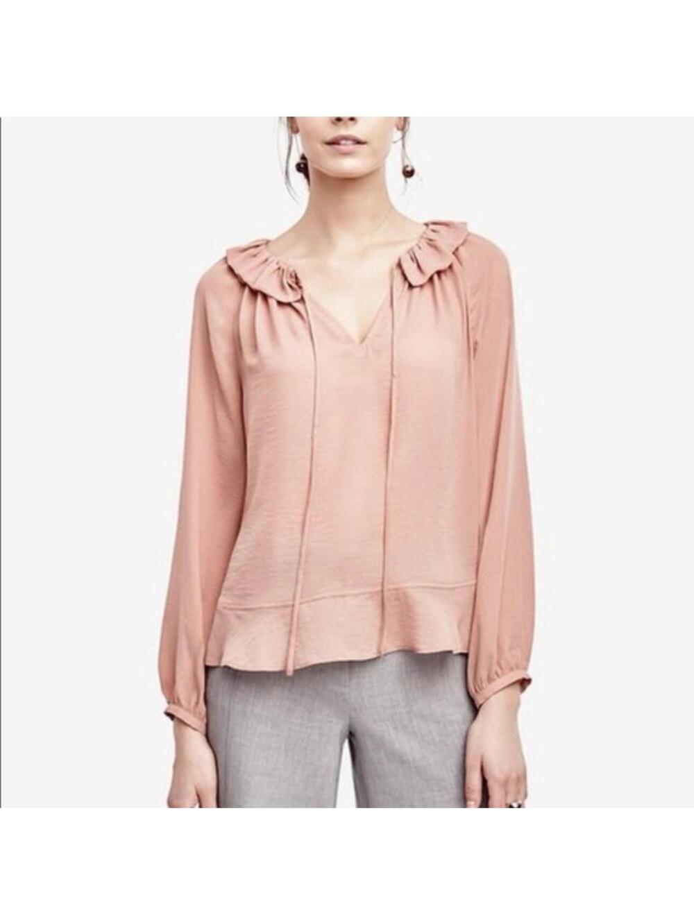 Ann Taylor Womens Blush Long Sleeve Sheer Blouse Size Medium Tie Ruffle